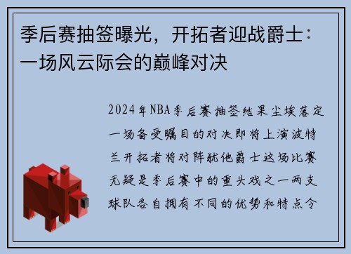 季后赛抽签曝光，开拓者迎战爵士：一场风云际会的巅峰对决